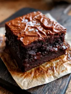 Macro smartphone photo of a single ultra-thick chocolate brownie square showing a dense gooey center and molten chocolate pockets. (Fudgy brownies)