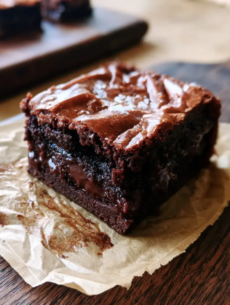 Fudgy Brownies with a Paper-Thin Crinkly Top 1 A top-down view of a fudgy brownie with a paper-thin meringue-like crust and delicate cracks, sprinkled with Maldon sea salt.