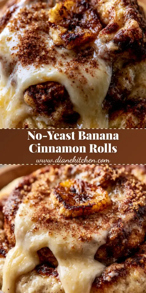 A tall stack of banana cinnamon rolls with dripping cream cheese glaze and caramelized banana slices on top.