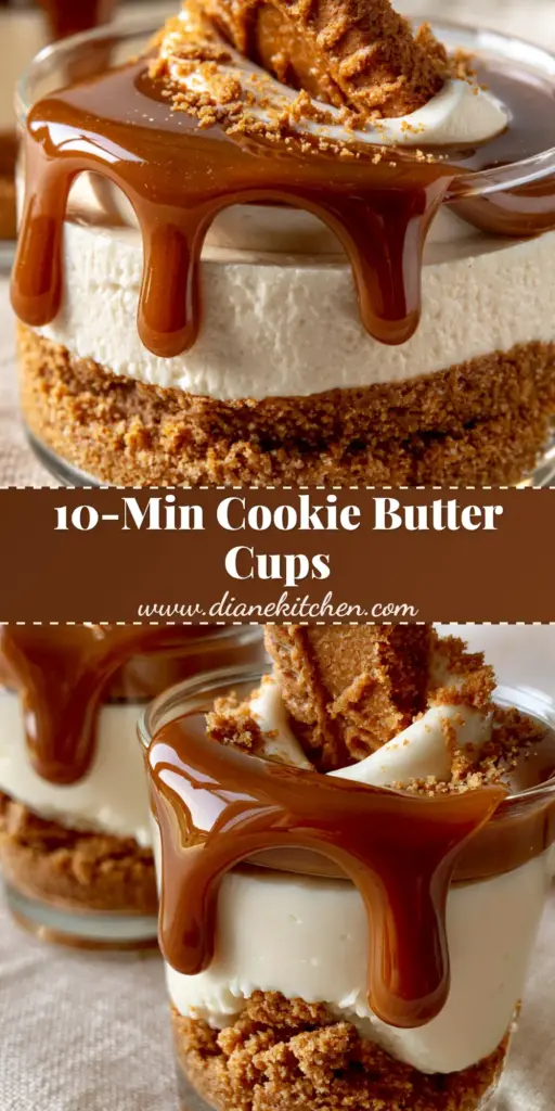 Individual Cookie Butter Cheesecake Cups with a thick Biscoff crust, velvety cream, and glossy caramel-colored drizzle topped with a cookie garnish.