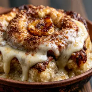 Extreme macro close-up of fluffy banana cinnamon rolls with golden caramelized edges and glossy cream cheese glaze.
