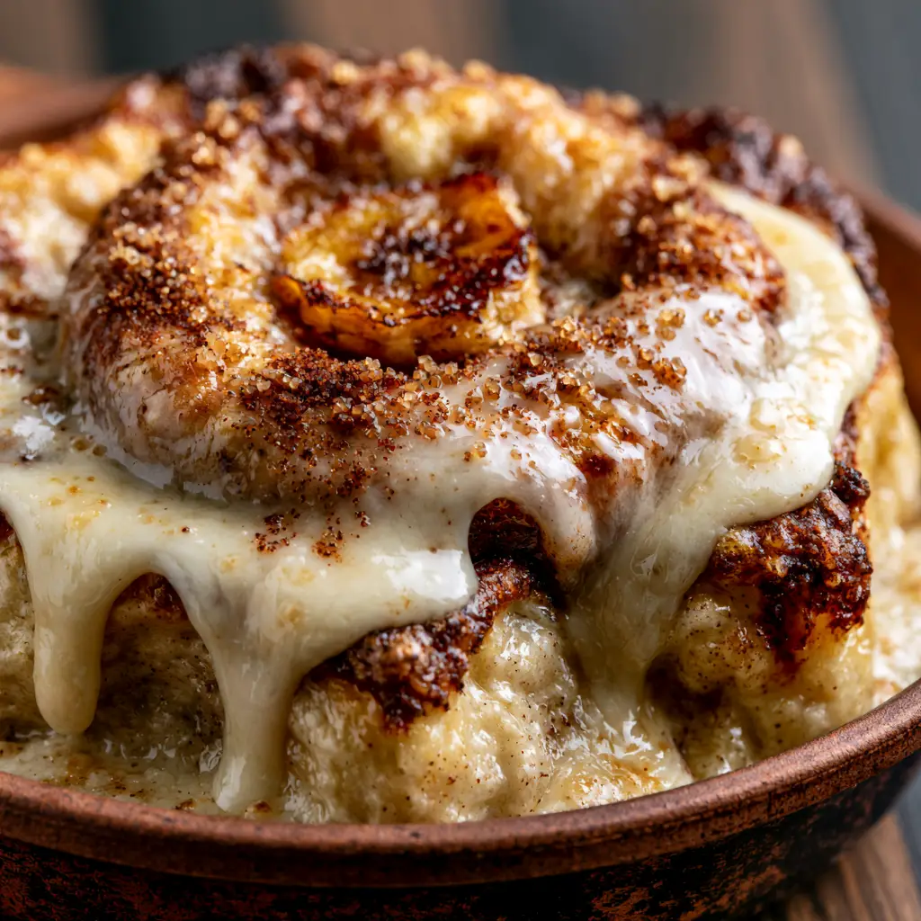 Extreme macro close-up of fluffy banana cinnamon rolls with golden caramelized edges and glossy cream cheese glaze.