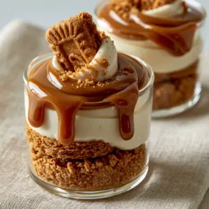 Ultra close-up of two elegant glass cups filled with layered Cookie Butter Cheesecake showing the crunchy crust and velvety filling.