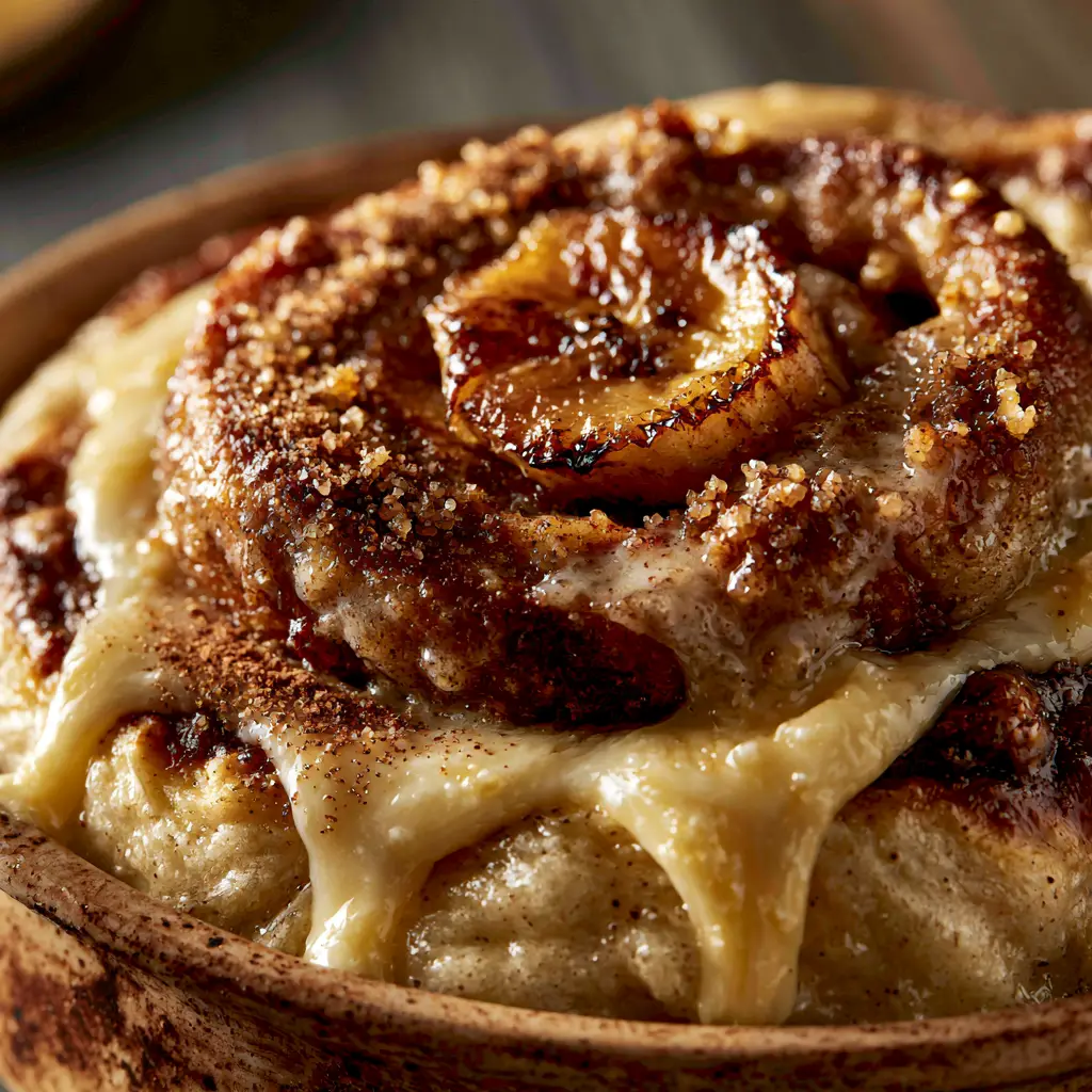 A single banana cinnamon roll in a rustic dish topped with a caramelized banana slice and cinnamon dusting.