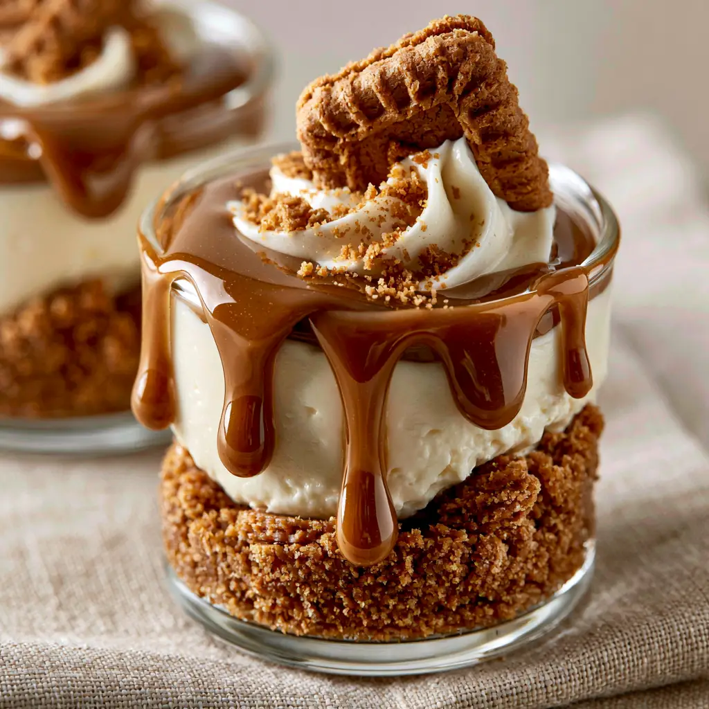 Close-up of a glossy cookie butter drizzle dripping down the side of a glass cheesecake cup garnished with a Biscoff cookie.