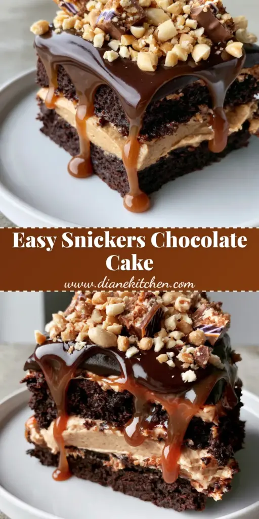 A close-up vertical shot of a multi-layered Chocolate Snickers Cake topped with rich chocolate ganache, dripping amber caramel, and crushed peanuts.