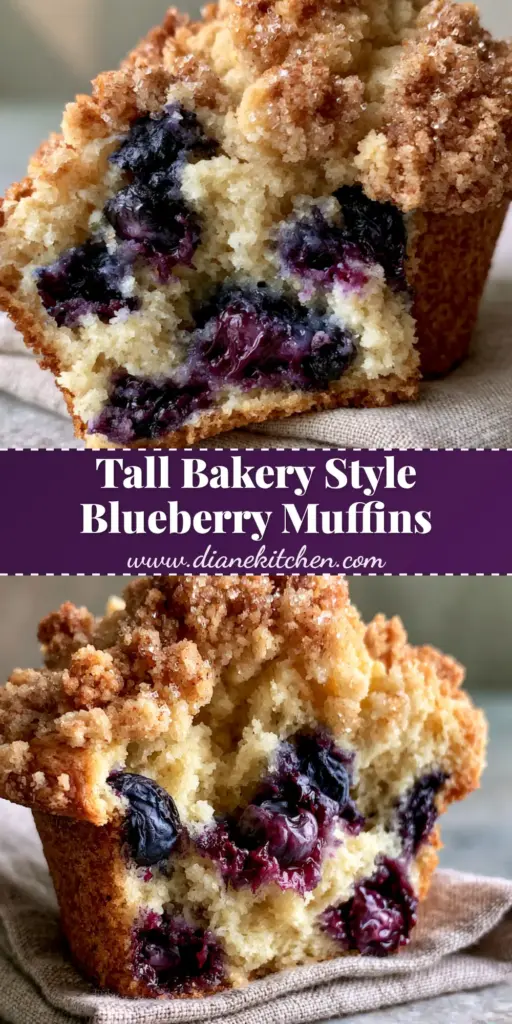 A close-up vertical shot of bakery-style blueberry crumble muffins with a crispy golden streusel topping and bursting purple berries.