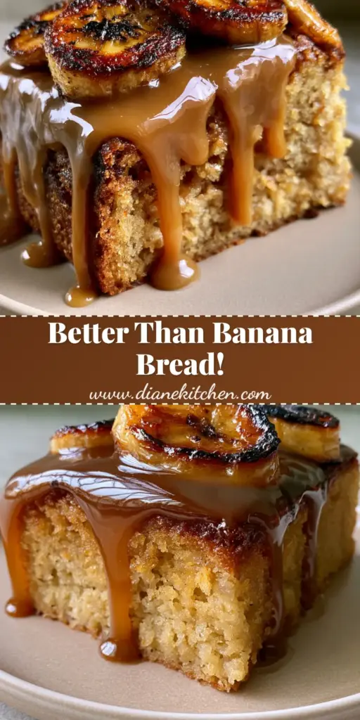A tall, vertical Pinterest-optimized shot of a Caramelized Banana Pound Cake slice with glossy caramel and seared banana edges.