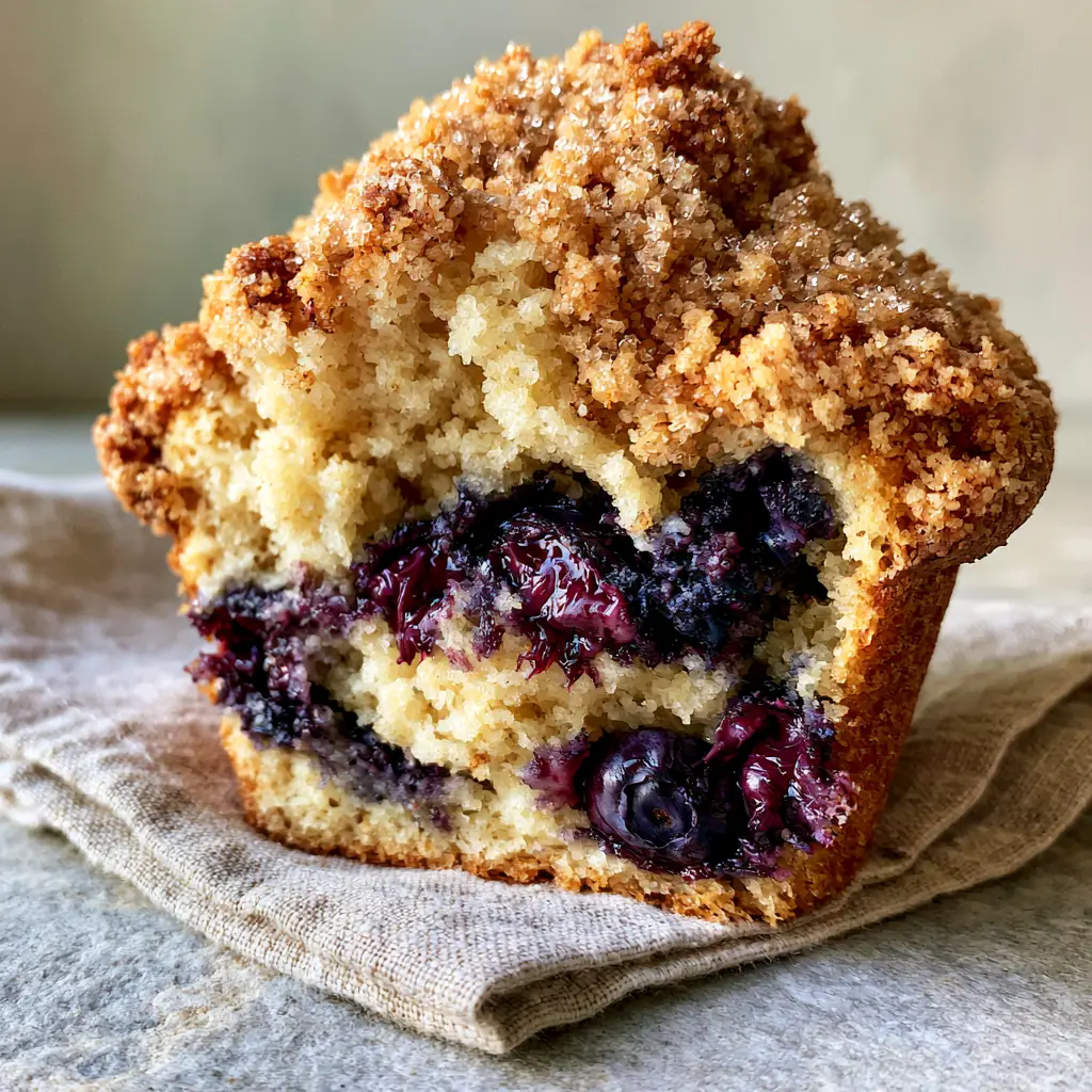 A tall bakery-style blueberry crumble muffin split in half on a linen napkin showing a steaming moist interior.