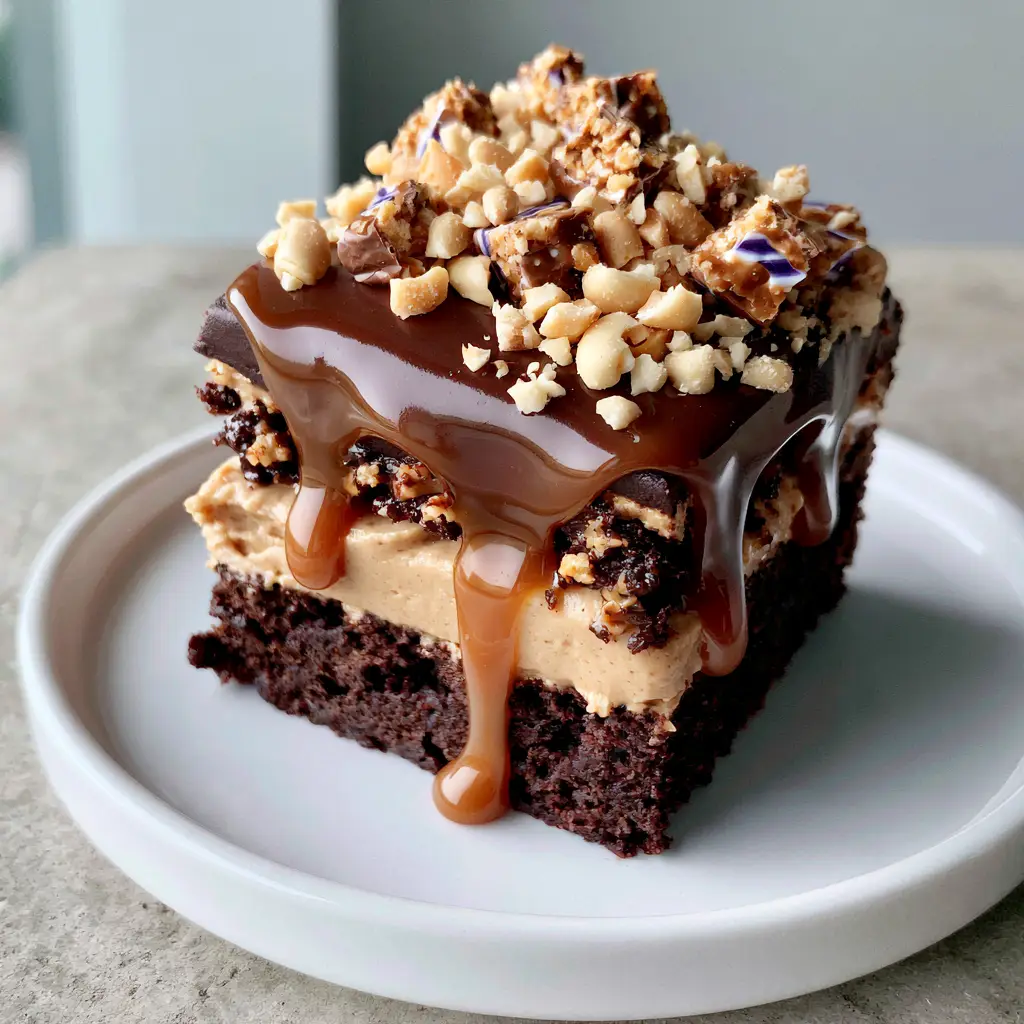 Side view of a Chocolate Snickers Cake slice highlighting the thick peanut butter frosting and shiny caramel drizzle.