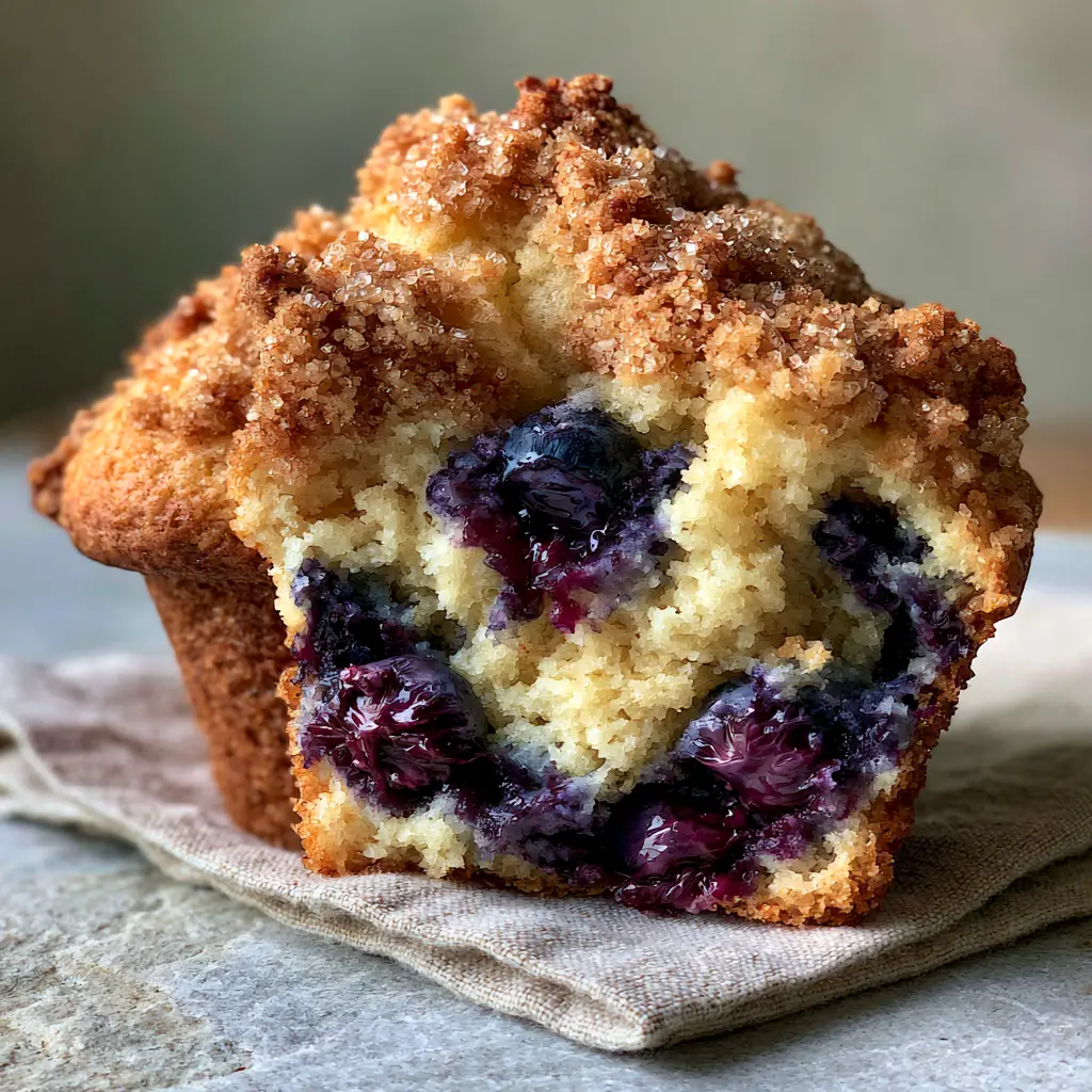 Close up of the golden crispy streusel topping and coarse sugar crystals on blueberry crumble muffins.