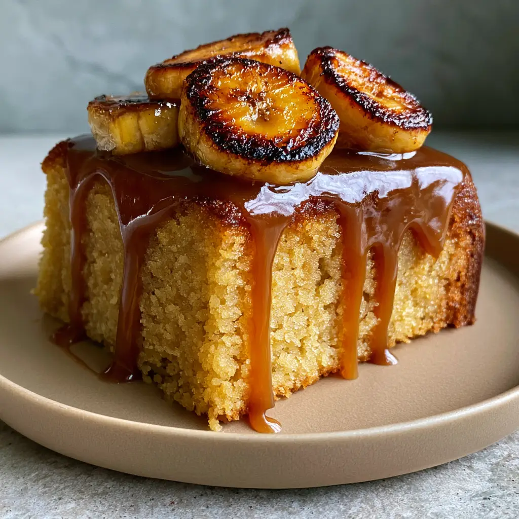 Top-down view of a thick slice of Caramelized Banana Pound Cake with deeply seared banana slices and amber sauce.