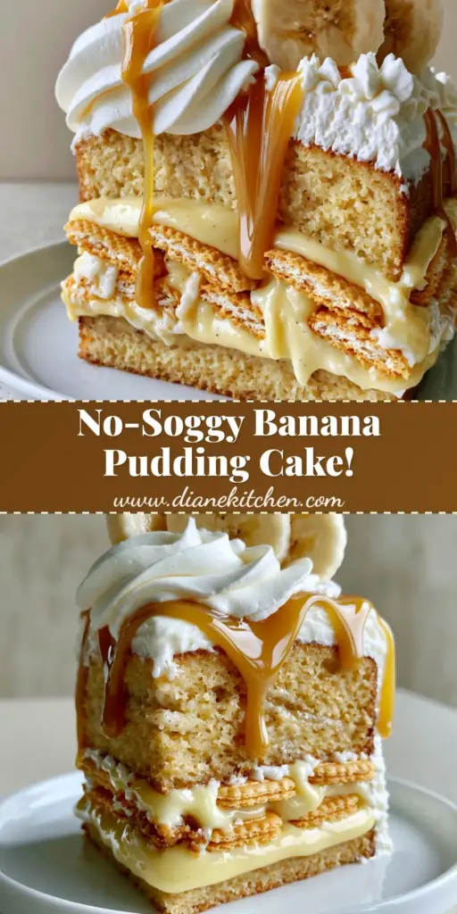 A tall slice of banana pudding layer cake with visible custard layers, vanilla wafers, and a caramel drizzle on a white plate.