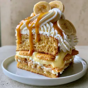 Detailed close-up of a banana pudding layer cake slice showing moist golden sponge and pale-yellow custard.