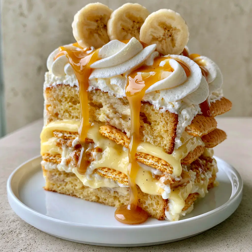 Side view of a Southern banana pudding layer cake topped with whipped cream swirls and fresh banana slices.