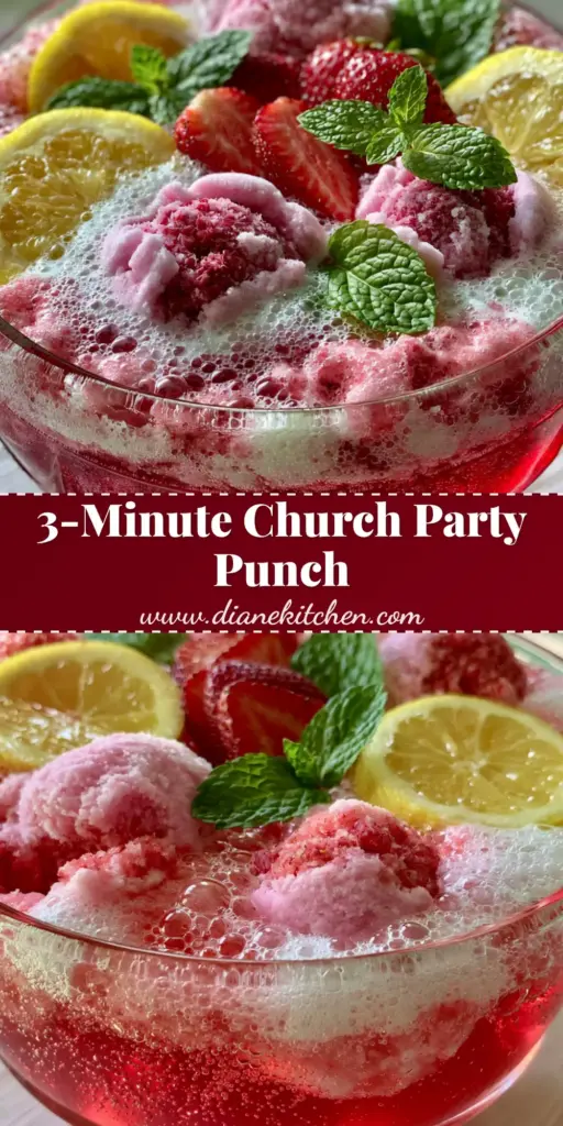 Baptist Church Party Punch: The Ultimate Sparkling Sherbet Recipe 3 A vintage glass punch bowl overflowing with Baptist Church Party Punch, featuring a ruby-red base and thick pink raspberry sherbet foam with lemon wheels and mint.