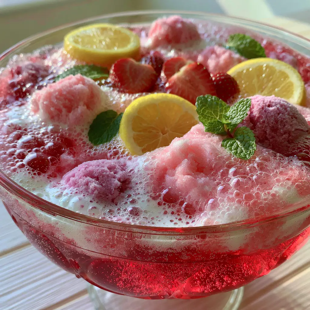 Close up handheld photo of bubbly pink and white sherbet foam on top of a ruby-red Baptist Church Party Punch base.