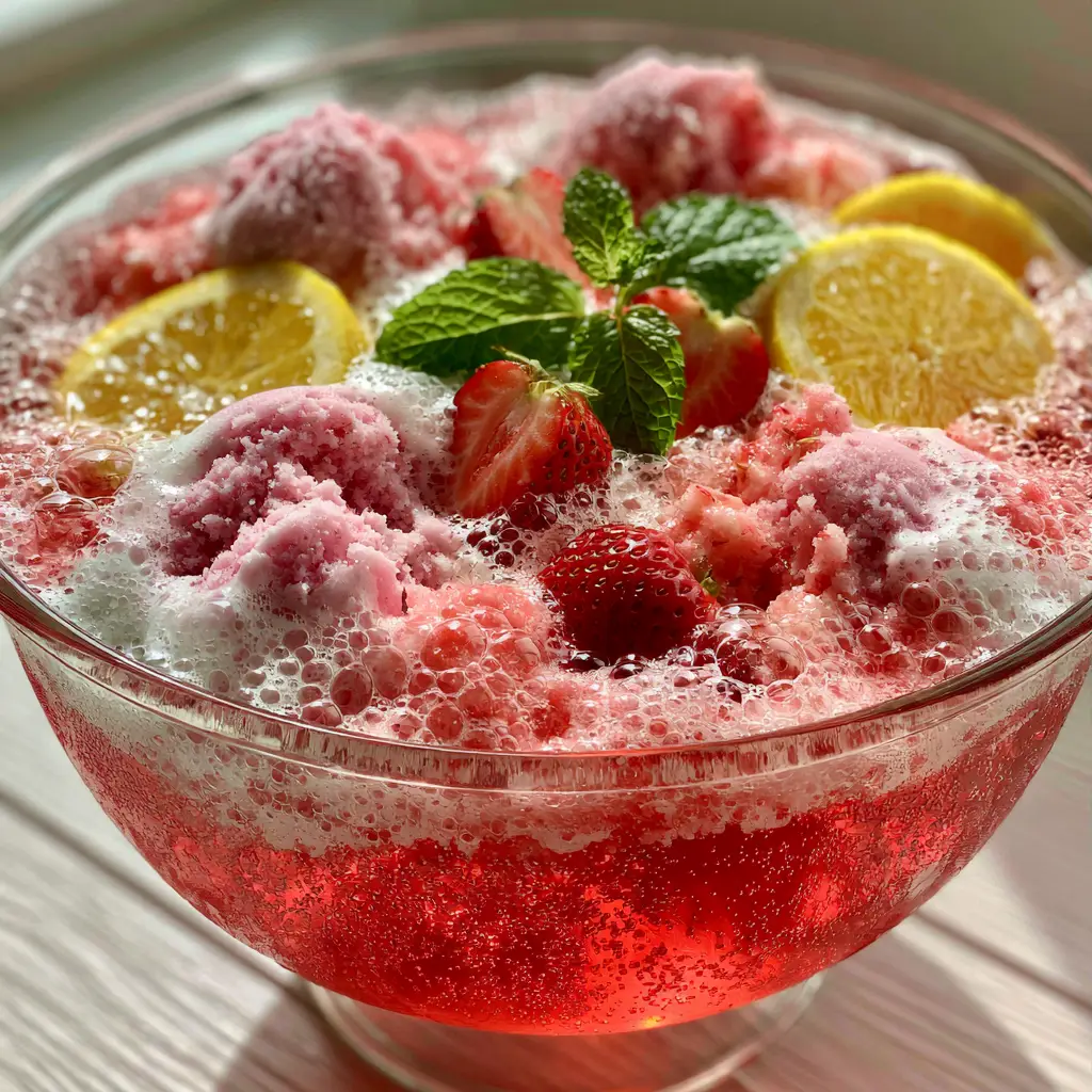 Baptist Church Party Punch: The Ultimate Sparkling Sherbet Recipe 1 A top-down view of Baptist Church Party Punch showing half-melted raspberry sherbet scoops, lemon wheels, and strawberries.