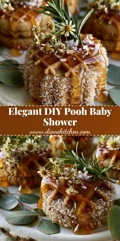 A handheld smartphone photo of Winnie-the-Pooh baby shower ideas featuring honey-drizzled peanut butter cookies with chamomile and rosemary.