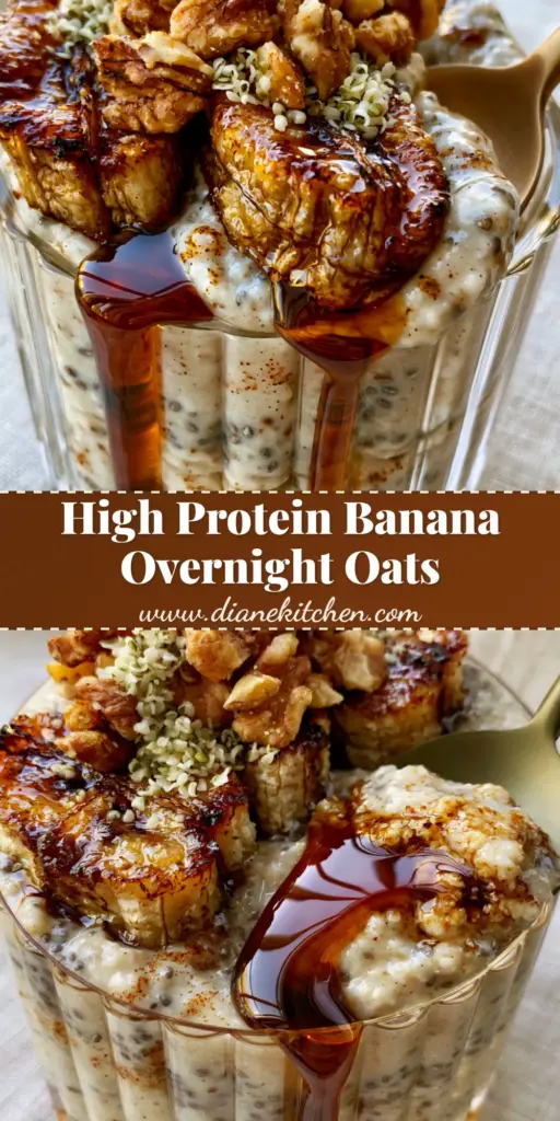 A chic glass jar filled with creamy banana overnight oats topped with caramelized bananas, toasted walnuts, and a cascading maple syrup drizzle.