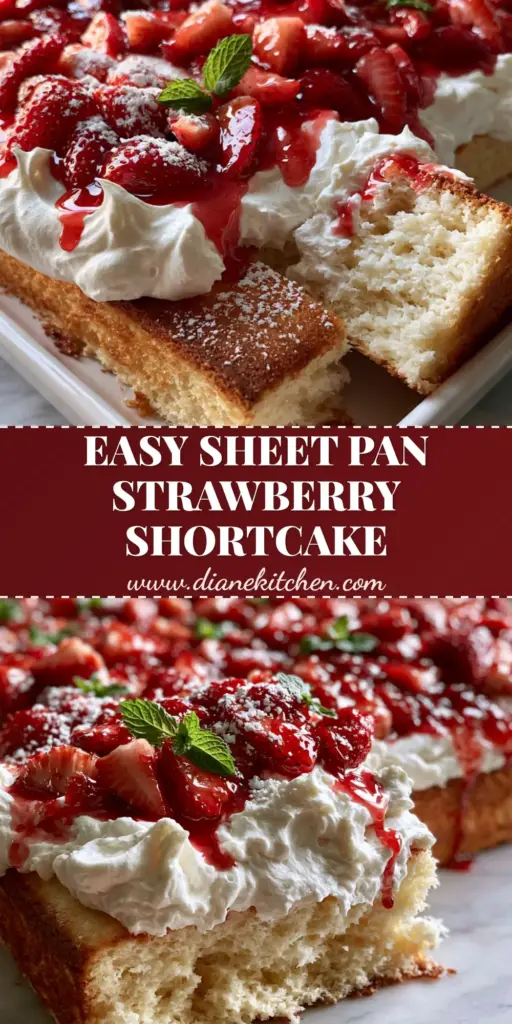 A large sheet pan strawberry shortcake topped with a thick layer of billowy whipped cream and glistening sliced strawberries.