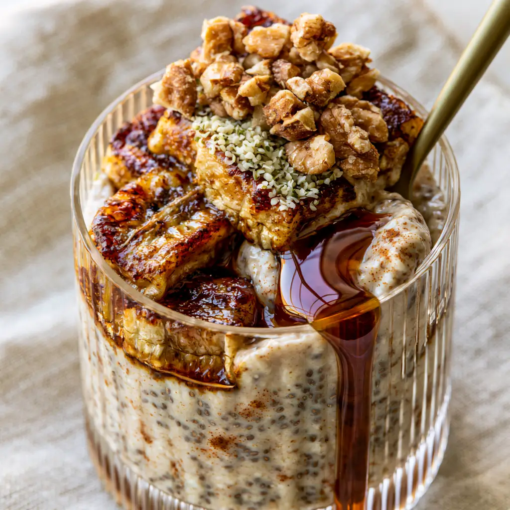 Detailed view of caramelized pan-seared banana slices with charred edges on top of overnight oats.