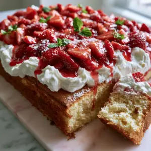 Close up of golden-brown sponge cake texture in a sheet pan strawberry shortcake.