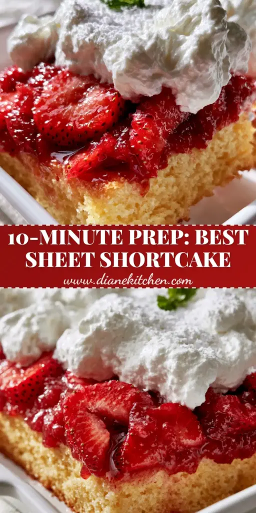 A single square slice of Strawberry Sheet Shortcake with golden-yellow sponge, glossy macerated strawberries, and billowy whipped cream dollops.