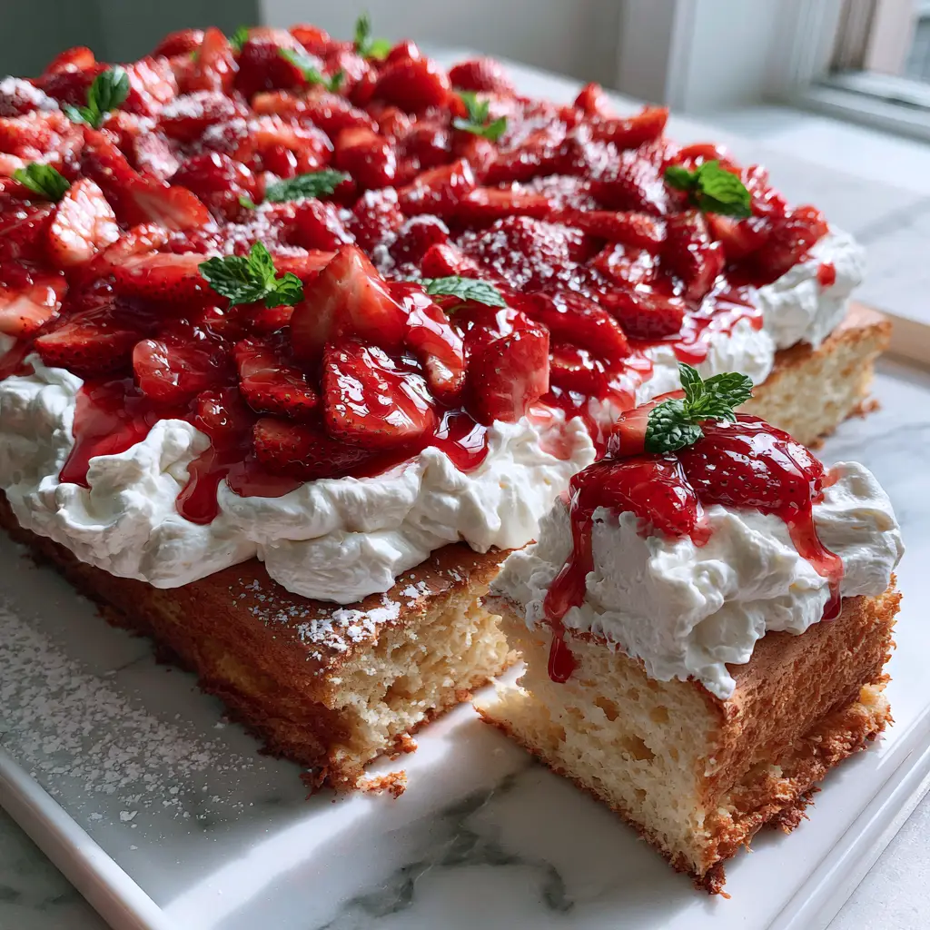 A high-angle shot showing the two-inch thick whipped cream and ruby-red glaze of the sheet pan strawberry shortcake.