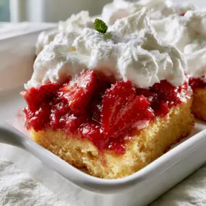Macro close-up of a Strawberry Sheet Shortcake slice showing the moist golden crumb and glossy strawberry seeds.