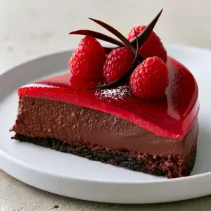 A clean slice of Chocolate Raspberry Mousse Cake on a modern matte white plate showing distinct layers.