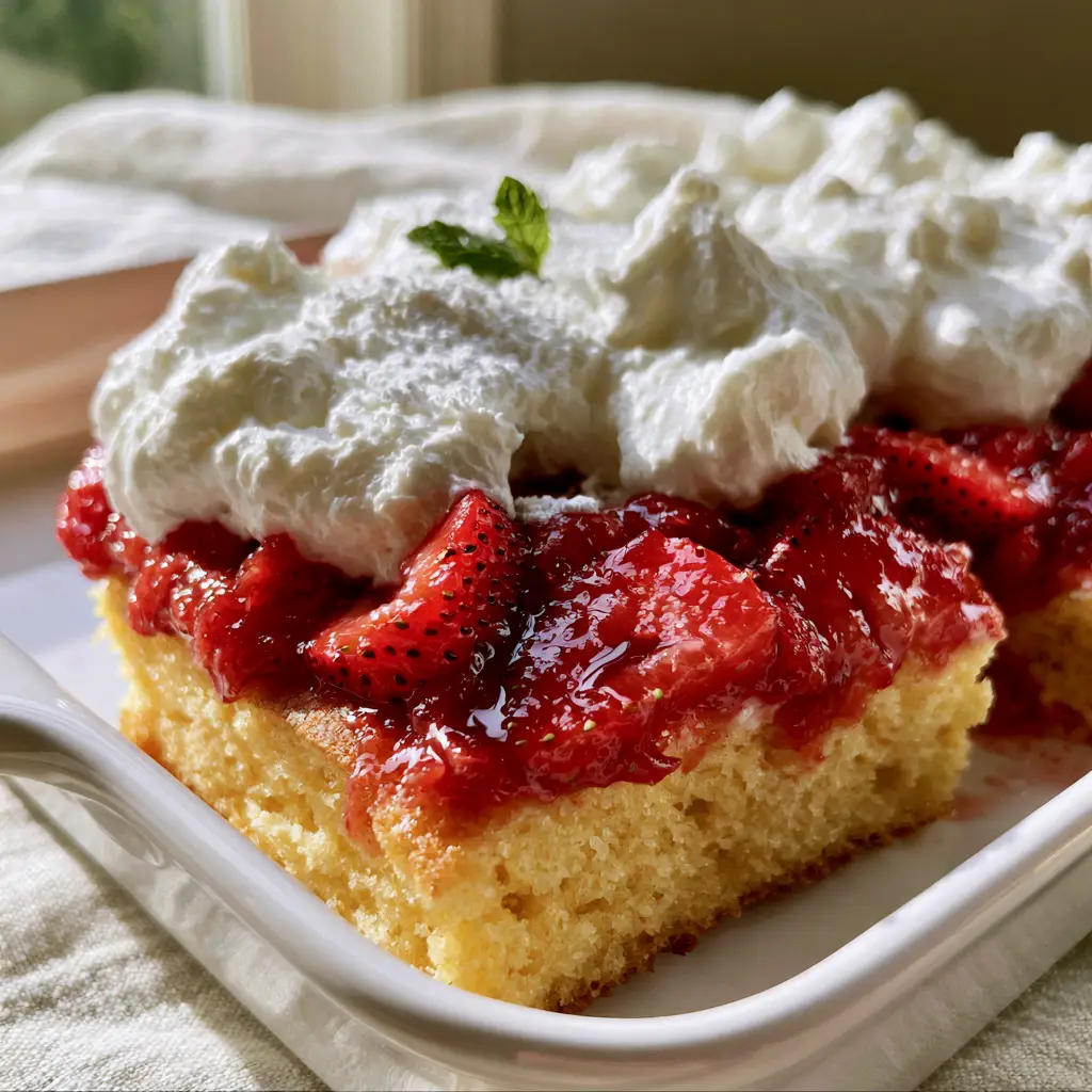 Side view of Strawberry Sheet Shortcake being lifted from a white ceramic pan with billowy whipped cream.