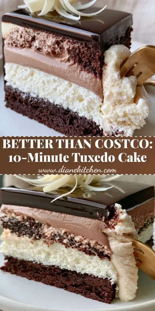 Tuxedo Bar Cake: The Ultimate Triple Chocolate Mousse Layer Cake 4 A close-up vertical shot of a Tuxedo Bar Cake slice showing four distinct layers of dark cake, white mousse, milk chocolate mousse, and glossy ganache on a matte plate.
