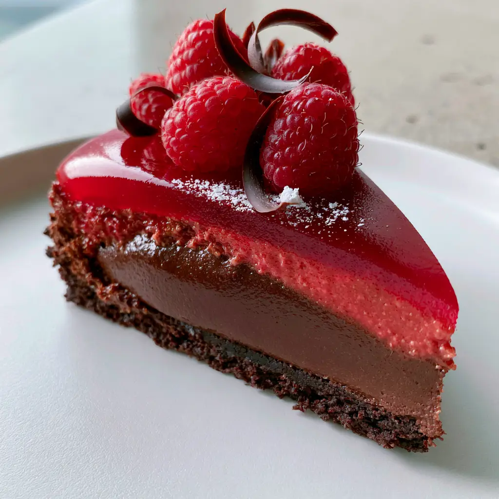 Chocolate Raspberry Mousse Cake: The Ultimate No-Bake Decadence 1 Side view of Chocolate Raspberry Mousse Cake garnished with chocolate curls and fresh berries.