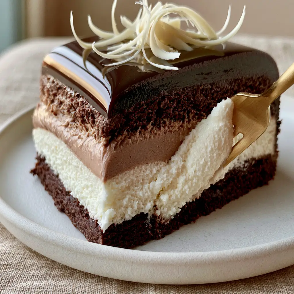 Tuxedo Bar Cake: The Ultimate Triple Chocolate Mousse Layer Cake 2 Side view of a Tuxedo Bar Cake slice showing the creamy texture and the gold fork pressing into the dark chocolate ganache.