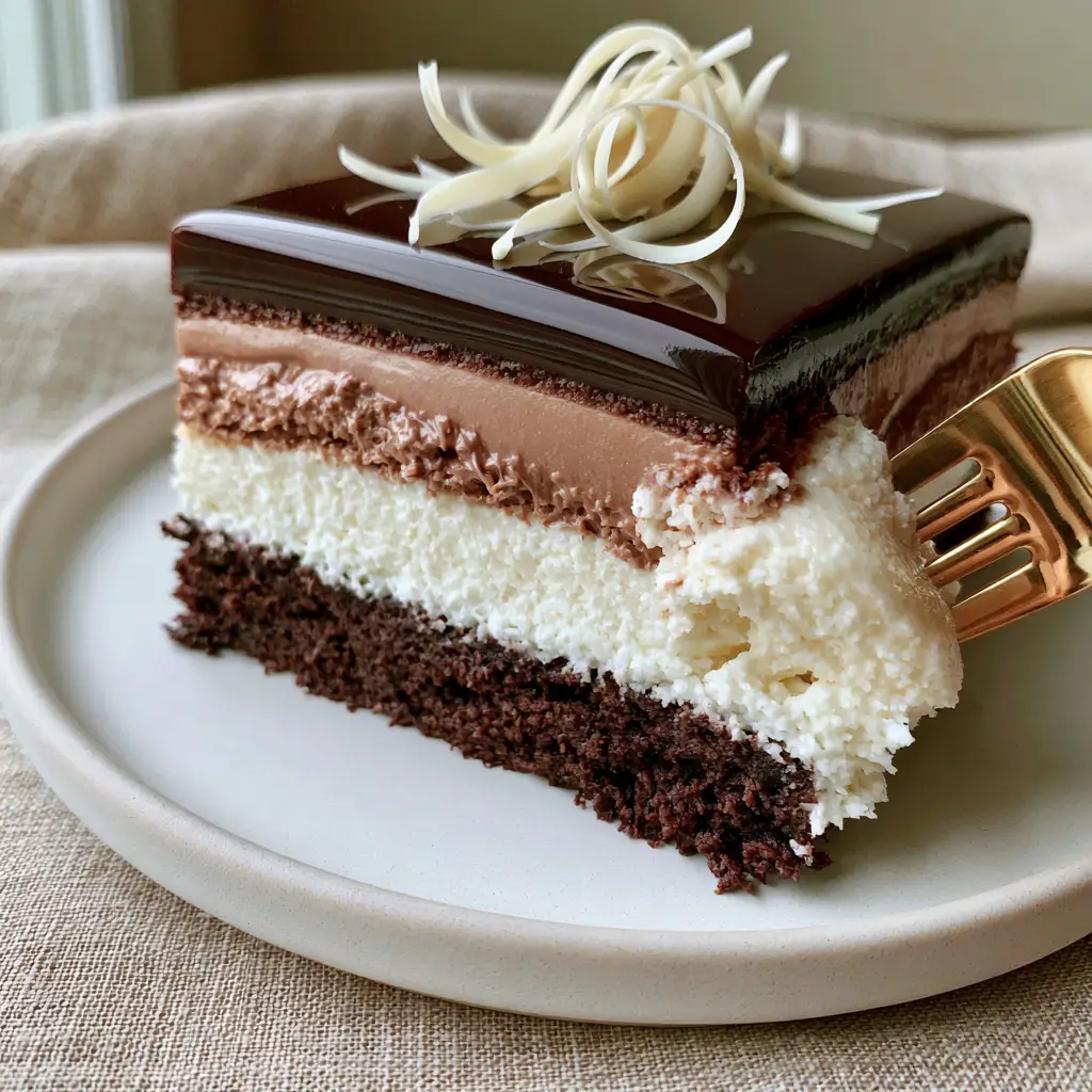 Tuxedo Bar Cake: The Ultimate Triple Chocolate Mousse Layer Cake 1 Close-up of the glossy dark chocolate ganache and white chocolate curls on top of the Tuxedo Bar Cake.