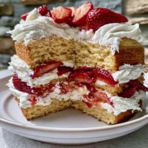 Macro handheld photo of a tall layered strawberry shortcake cake showing a clean slice removed and thick frosting layers. (strawberry shortcake cake recipe)