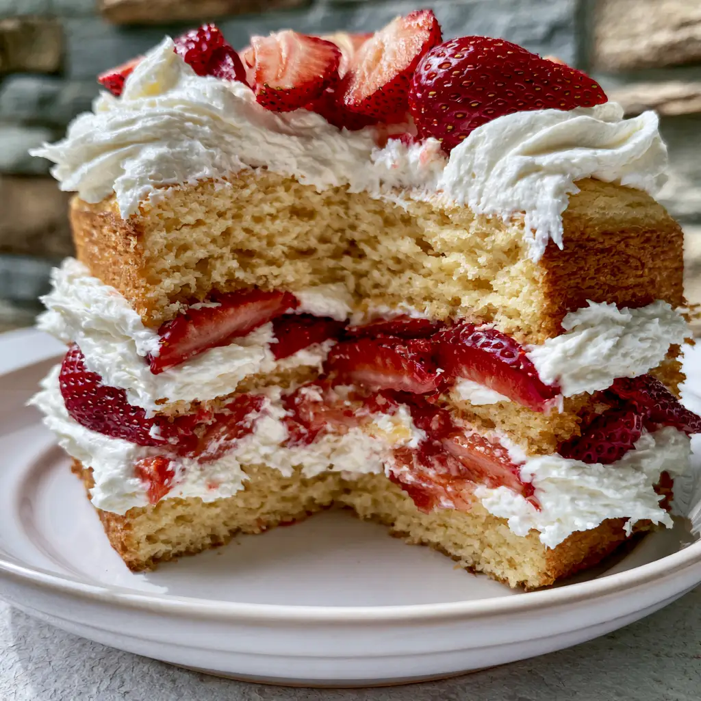 Strawberry Shortcake Cake Recipe: The Ultimate Tall Layered Summer Dessert 2 Macro handheld photo of a tall layered strawberry shortcake cake showing a clean slice removed and thick frosting layers. (strawberry shortcake cake recipe)