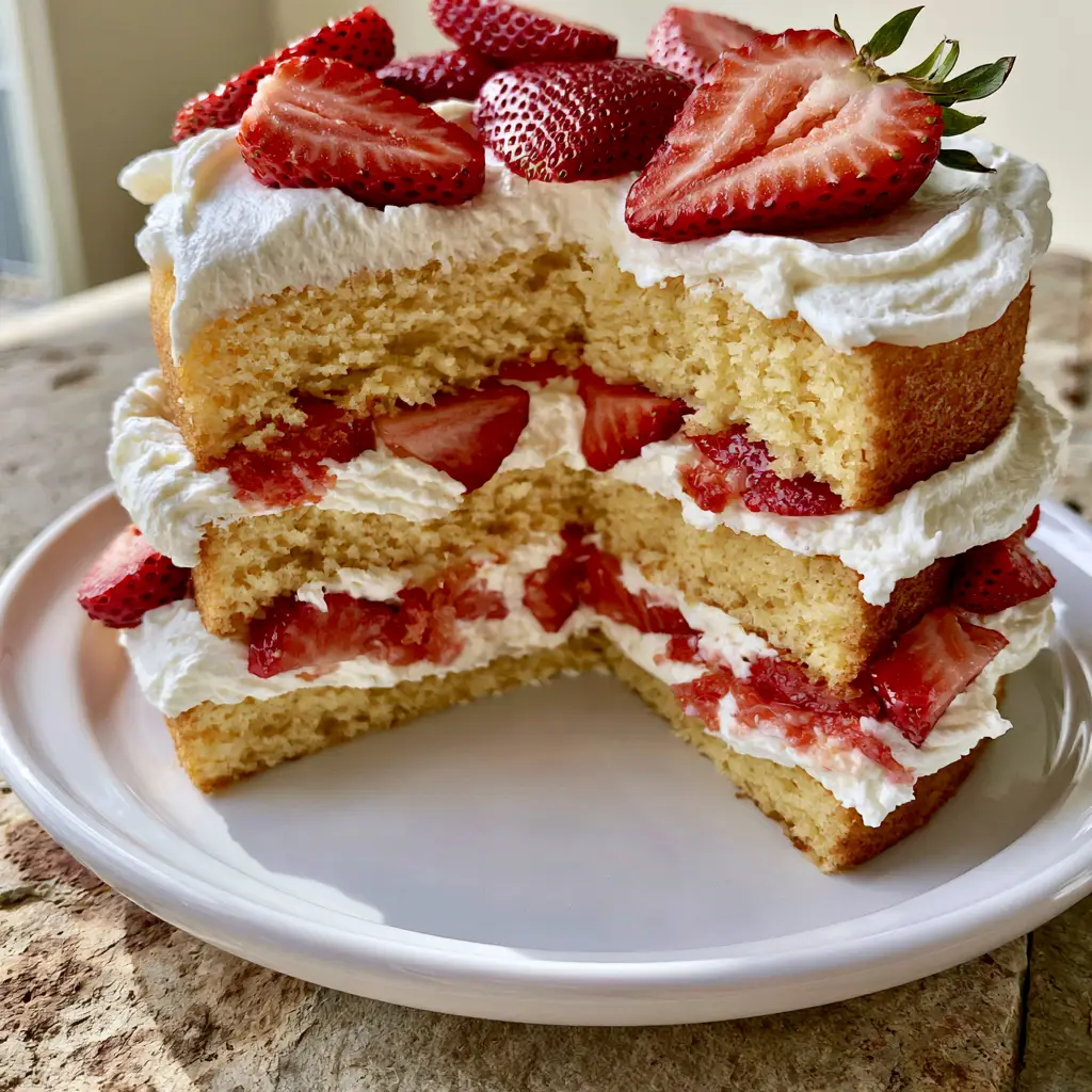 Strawberry Shortcake Cake Recipe: The Ultimate Tall Layered Summer Dessert 1 A side view of the tall strawberry shortcake cake with visible layers of fresh sliced strawberries and whipped cream.