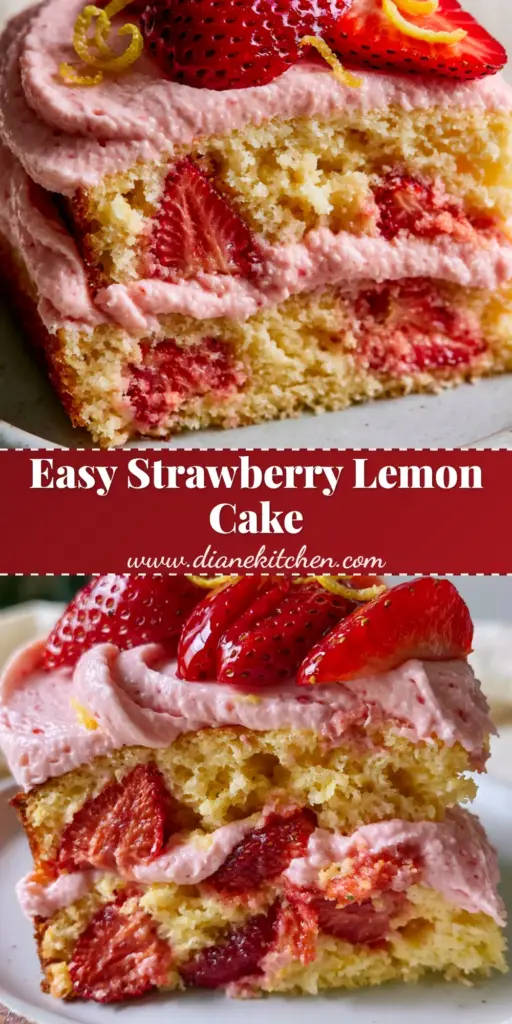 A tall slice of double-layer Strawberry lemon cake recipe on a white plate with pink frosting and lemon zest.