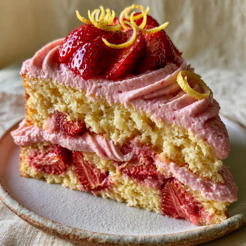 Overhead view of Strawberry lemon cake recipe with pastel-pink buttercream and lemon zest spirals.