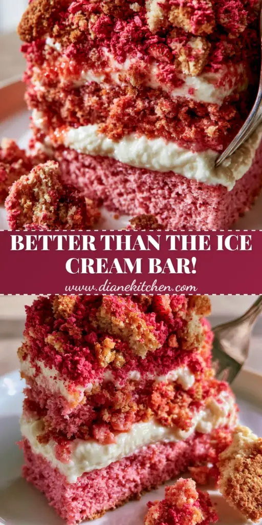 Strawberry Crunch Cake: The Ultimate Nostalgic Pink Layer Cake 4 A thick vertical slice of Strawberry Crunch Cake on a white plate, showing moist pink sponge, white frosting, and golden strawberry crumble.