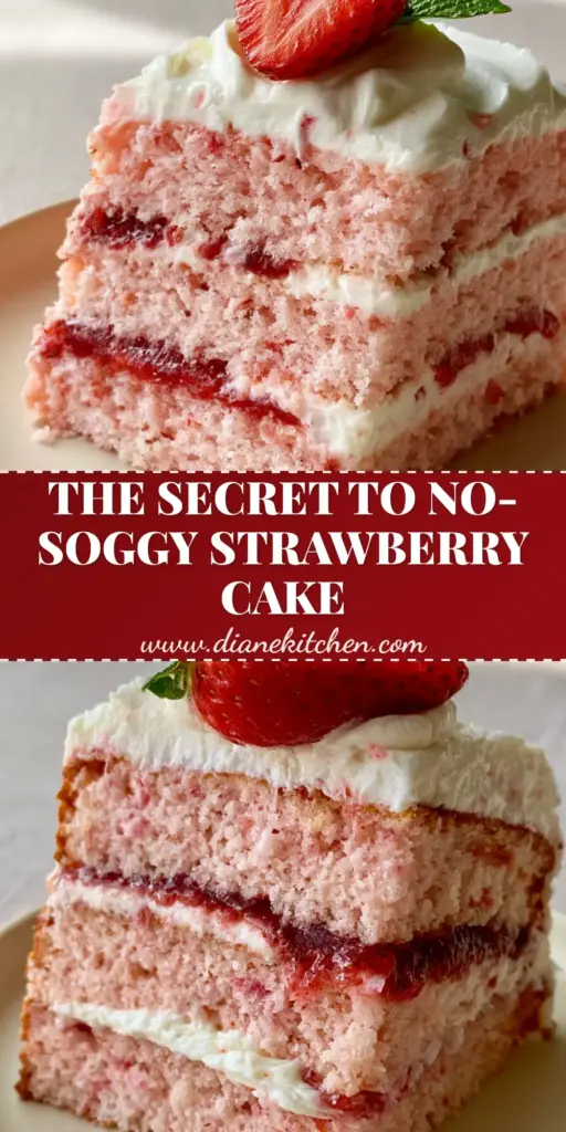 Strawberry Cake with Cream Cheese Frosting and Strawberry Reduction 3 A tall, vertical slice of three-layer Strawberry Cake with pink sponge and thick white frosting on a matte plate. (Strawberry Cake)