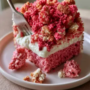 Macro close-up of Strawberry Crunch Cake showing the fine crumb of the moist pink strawberry sponge and jagged golden crumble bits.