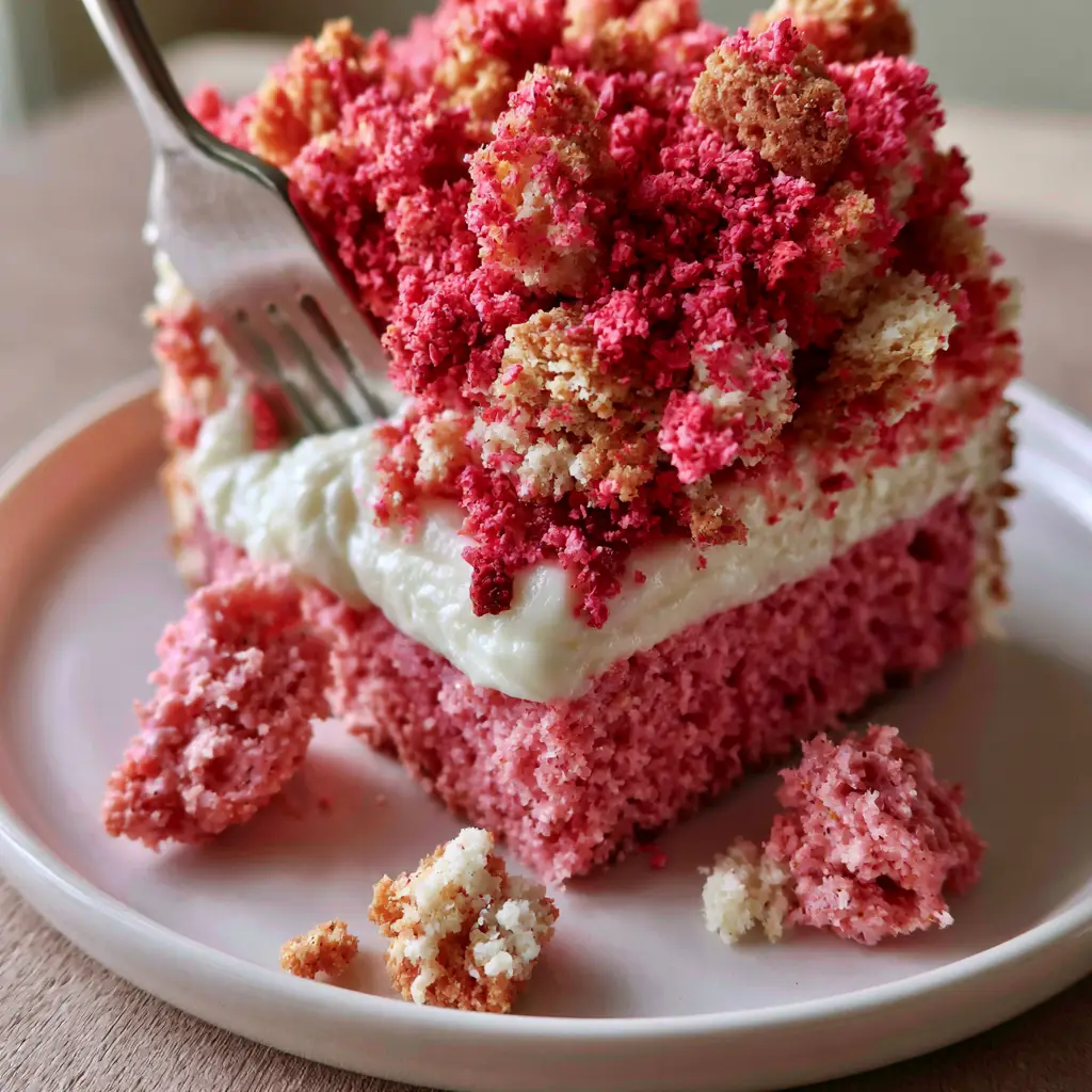 Strawberry Crunch Cake: The Ultimate Nostalgic Pink Layer Cake 2 Macro close-up of Strawberry Crunch Cake showing the fine crumb of the moist pink strawberry sponge and jagged golden crumble bits.