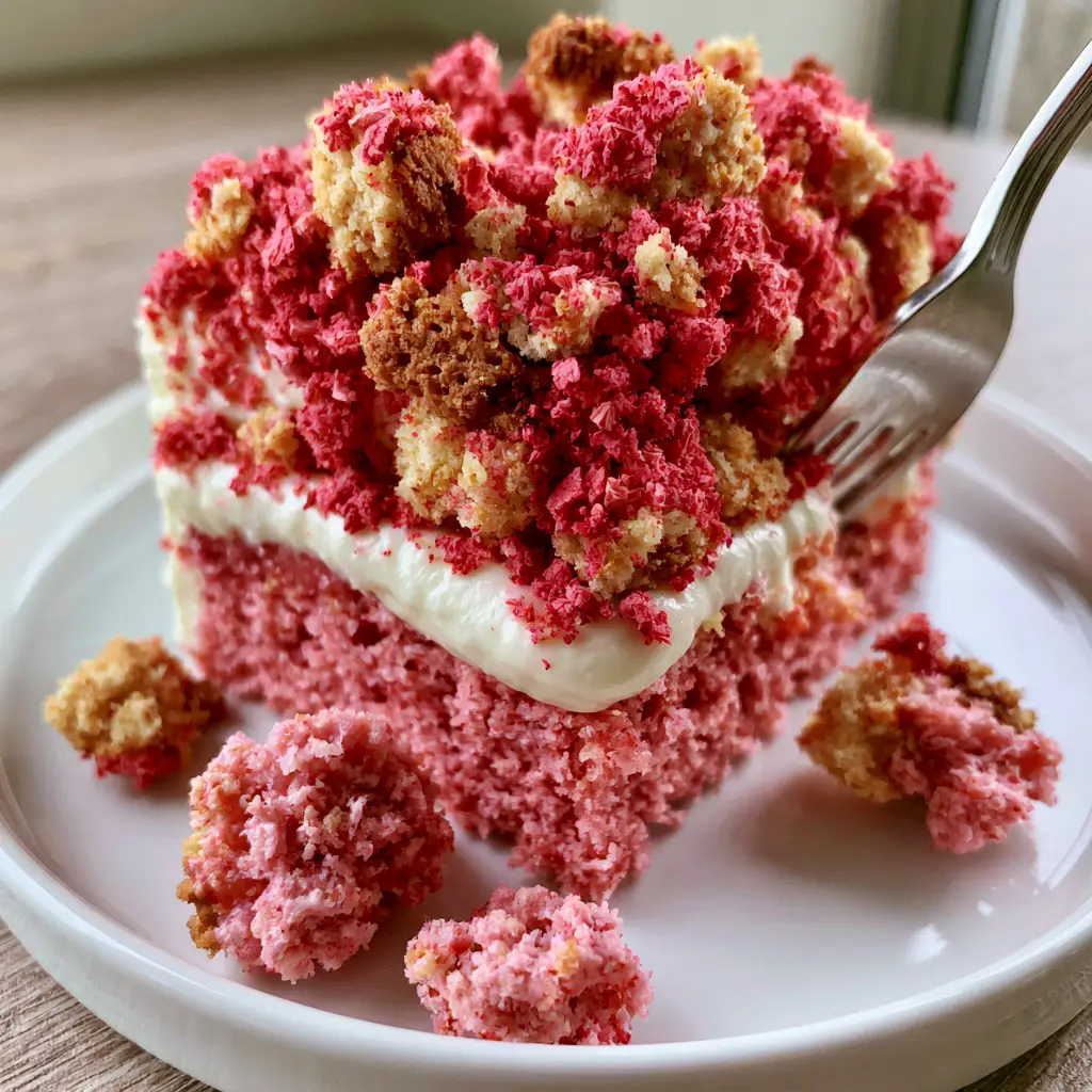 Strawberry Crunch Cake: The Ultimate Nostalgic Pink Layer Cake 1 A silver fork pressing into a slice of Strawberry Crunch Cake, scattering golden-brown toasted biscuit crumbs on a white ceramic plate.