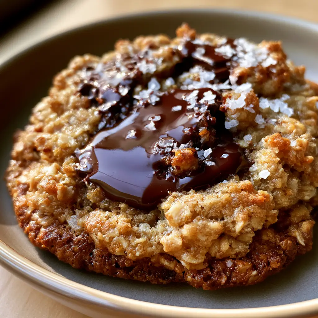 A soft-baked oatmeal chocolate chip cookie featuring glossy pools of melted dark chocolate and sea salt on a ceramic plate.