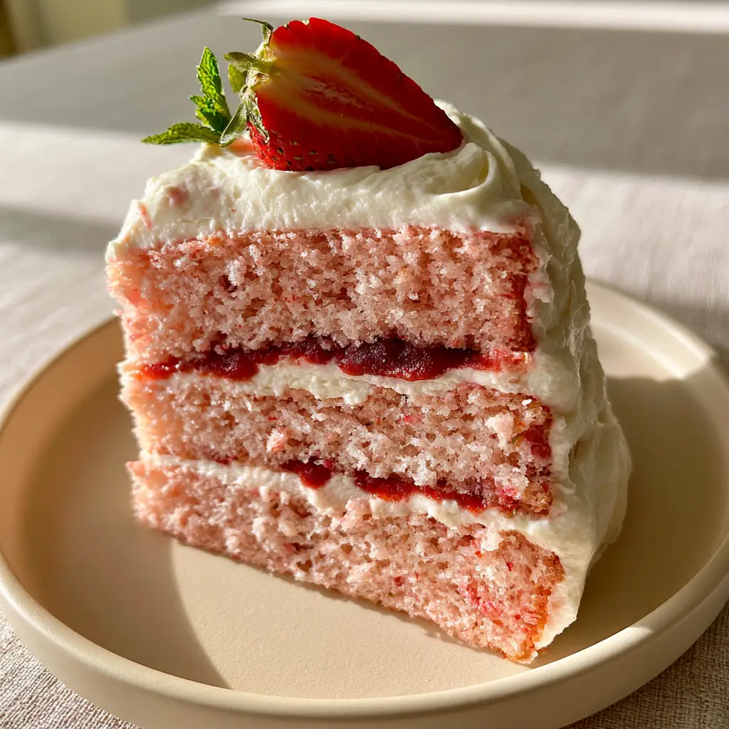 Strawberry Cake with Cream Cheese Frosting and Strawberry Reduction 1 Macro view of the stark-white cream cheese frosting and glossy strawberry reduction drizzle on a pink layer cake. (Strawberry Cake)