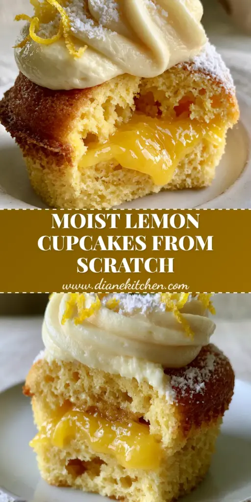 Lemon Cupcakes with Oozing Lemon Curd and Cream Cheese Frosting 4 A close-up vertical shot of gourmet lemon cupcakes with a thick ivory cream cheese frosting swirl, oozing lemon curd, and a fresh mint garnish.