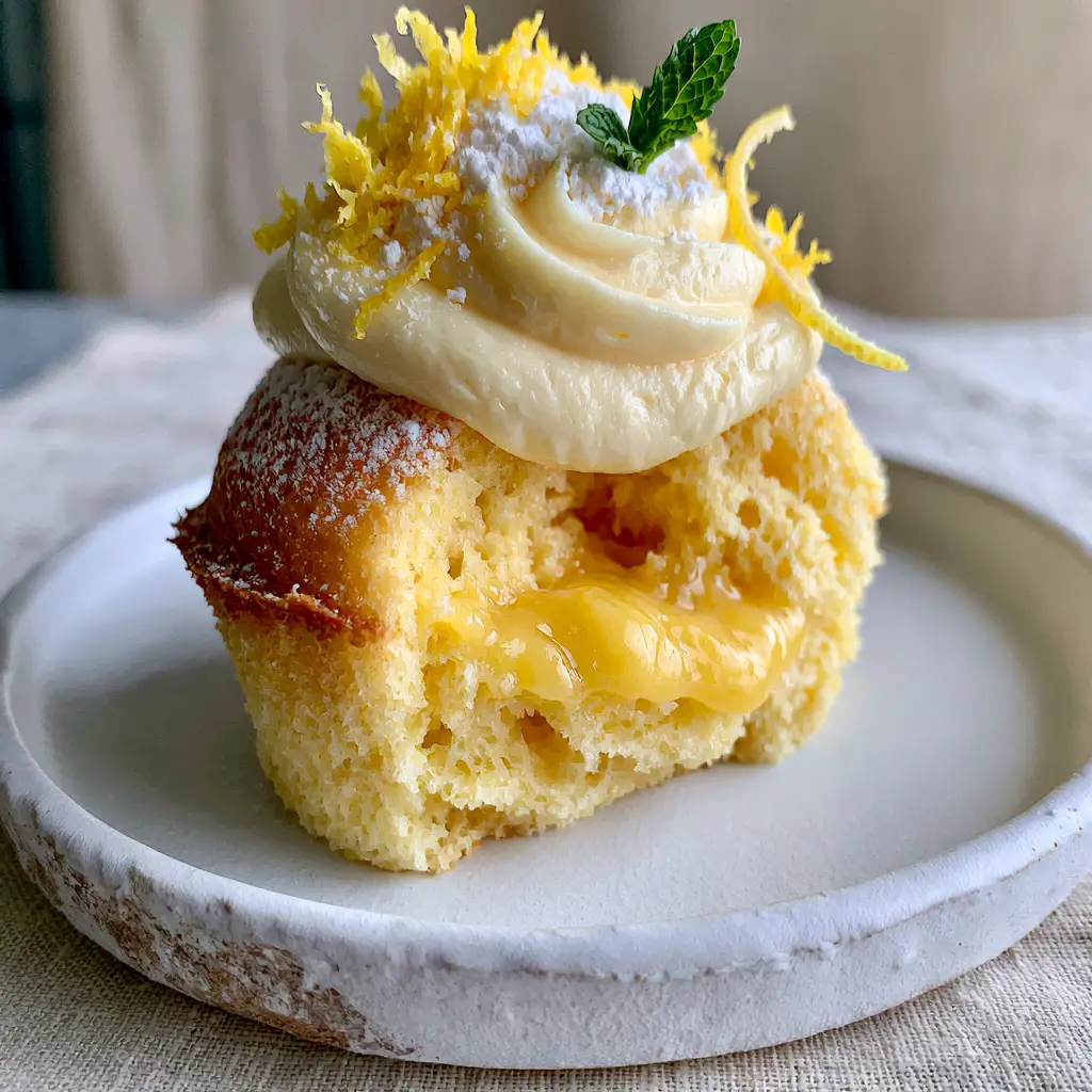 Detailed view of the open-crumb texture of a golden-yellow lemon cupcake sliced open to show the oozing curd.